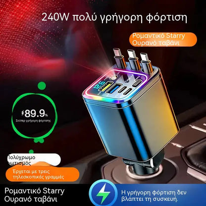 🔋📱7 σε 1 Ανασυρόμενος Γρήγορος Φορτιστής Αυτοκινήτου με Ένδειξη Τάσης – USB-C για Android και Lightning για Apple