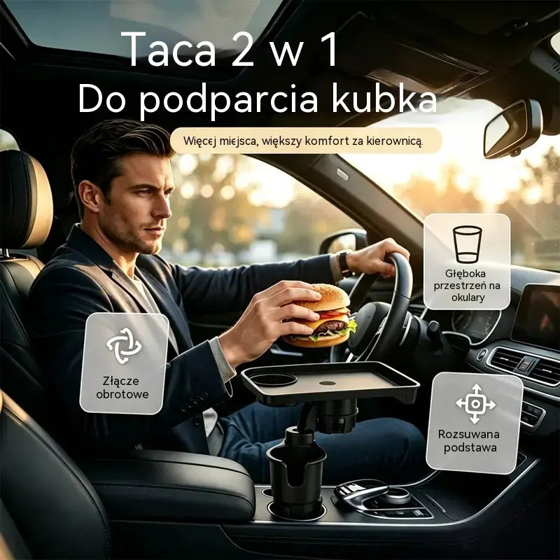 🚗 Wielofunkcyjny składany stolik samochodowy z uchwytem na kubki obracającym się o 360° | Uchwyt na jedzenie, napoje i telefon komórkowy