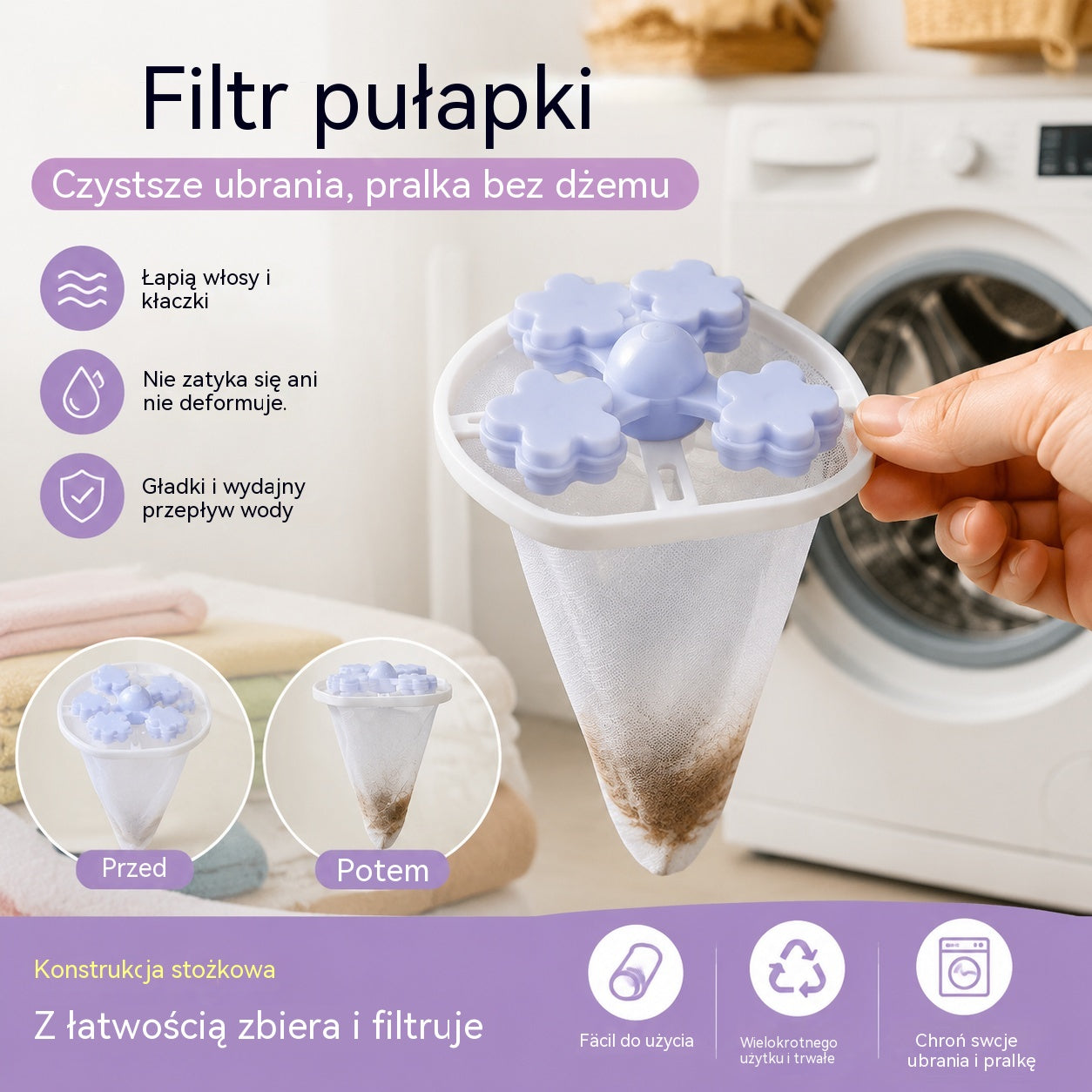 🌀6 sztuk, 89 zł✨ Pływający filtr do pralki – wyłapuje kłaczki, włosy i sierść zwierząt podczas każdego prania 🧺
