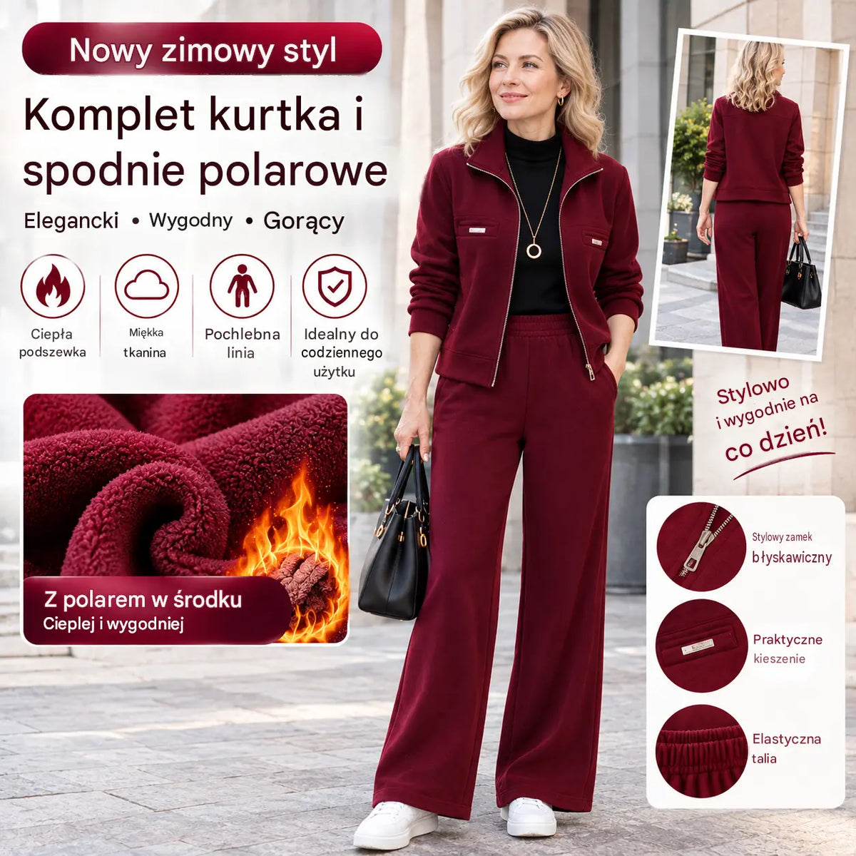 【M-4XL】💖Nowy damski dwuczęściowy zestaw zimowy – krótka kurtka i spodnie z szerokimi nogawkami; gruby, ocieplany polarem komplet w stylu sportowym.
