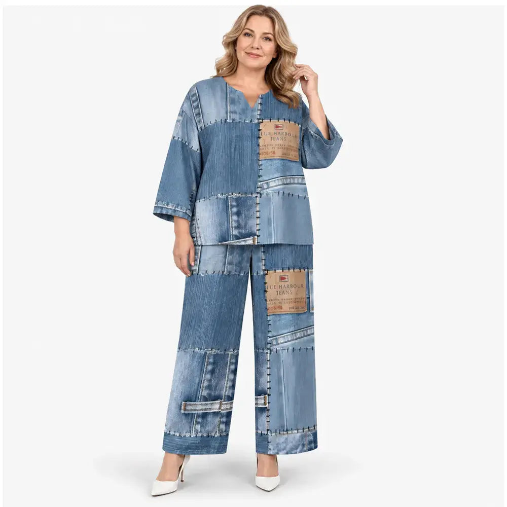 👗 Γυναικείο σετ μόδας με τζιν print σε φαρδιά γραμμή — Άνετο και casual, μοντέρνο στυλ, κολακευτικό, ιδανικό για καθημερινή χρήση ✨