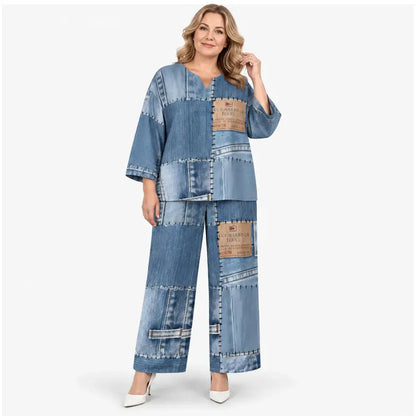 👗 Γυναικείο σετ μόδας με τζιν print σε φαρδιά γραμμή — Άνετο και casual, μοντέρνο στυλ, κολακευτικό, ιδανικό για καθημερινή χρήση ✨