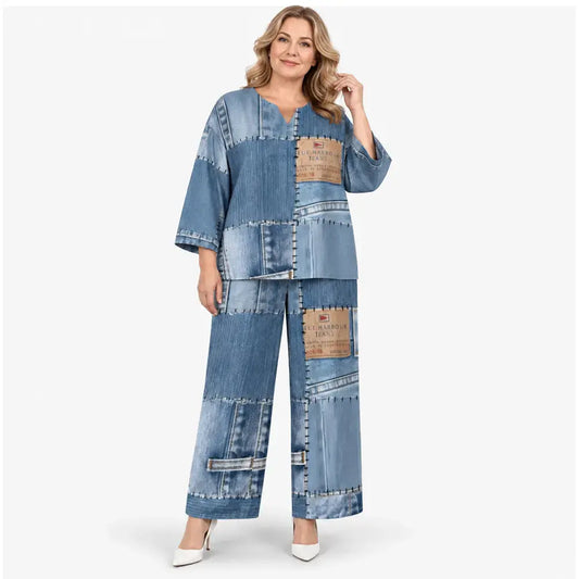 👗 Γυναικείο σετ μόδας με τζιν print σε φαρδιά γραμμή — Άνετο και casual, μοντέρνο στυλ, κολακευτικό, ιδανικό για καθημερινή χρήση ✨