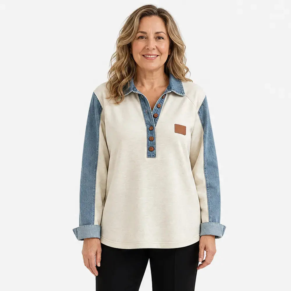 👚Koszula damska w stylu denim z patchworkiem – luźna bluzka z długim rękawem w kontrastowym kolorze – swobodna bluzka zapinana na guziki 2026