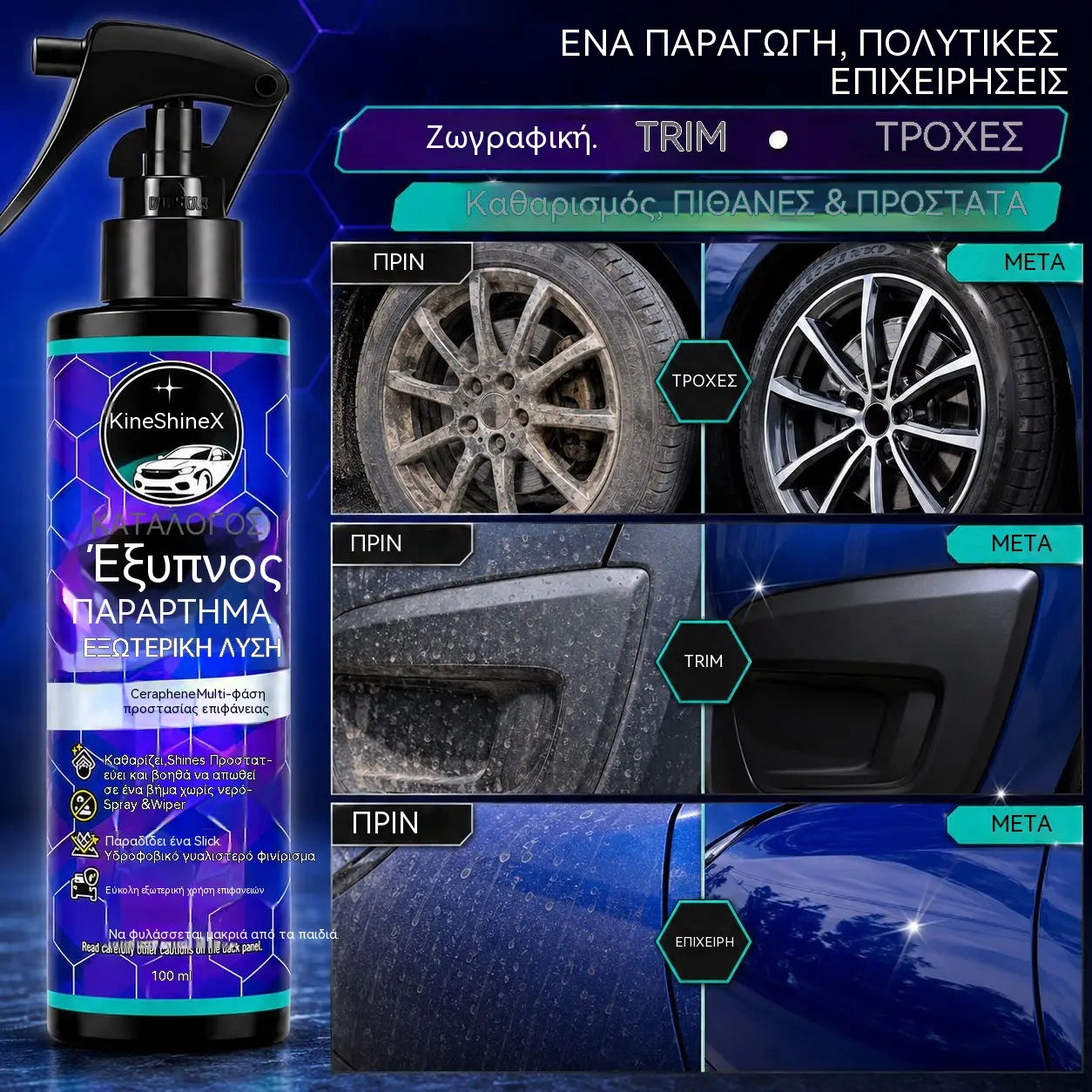 【2 μπουκάλια €28】Νανοεπισκευαστικό μέσο αυτοκινήτων – Εφαρμογή 5 λεπτών, 12μηνη λάμψη και υδρόφοβη προστασία. Άμεση γυαλάδα, εύκολη λάμψη!