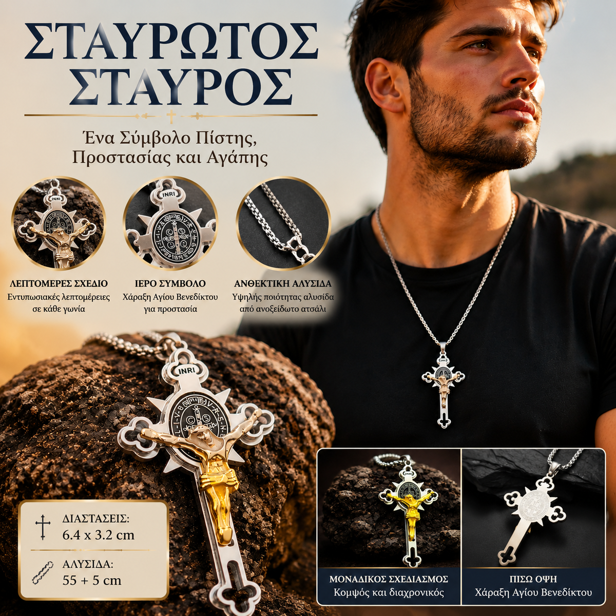 【25 ευρώ】Σταυρός σε στυλ vintage – Ανθεκτικό στο θαμπώμα μενταγιόν Αγίου Βενέδικτου με ρυθμιζόμενη αλυσίδα