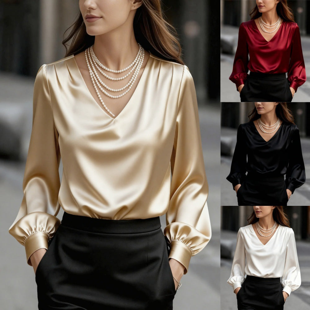 🔥🍁【Nova promocija nove sezone】【S-2XL】🌷Nova ženska bluza od sjajnog svilenog materijala, elegantni V-izrez, savršena za svaki dan i posebne prilike