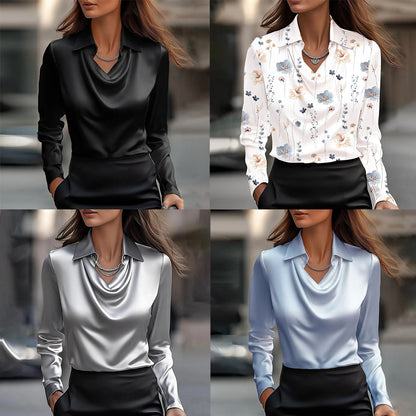 🔥【Nueva moda de otoño e invierno】✨Camisa de solapa estampada de color sólido para mujer