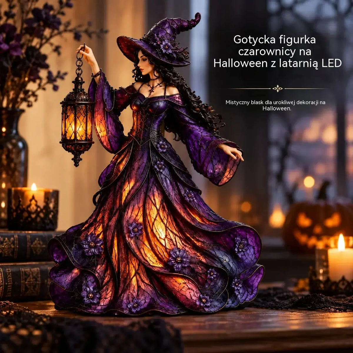 🧙‍♀️ Gotycka figurka wiedźmy na Halloween z latarnią LED 🧙‍♀️