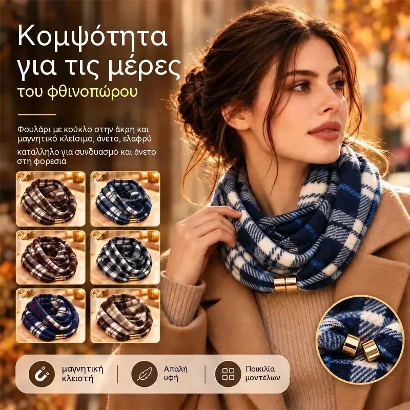 🧣 Κασκόλ-λαιμός με καρό μοτίβο και μαγνητικό κούμπωμα · Απαλό υλικό, με αίσθηση κασμίρι · Κομψό αξεσουάρ για το φθινόπωρο και τον χειμώνα · Άνετο και εύκολο στη χρήση!