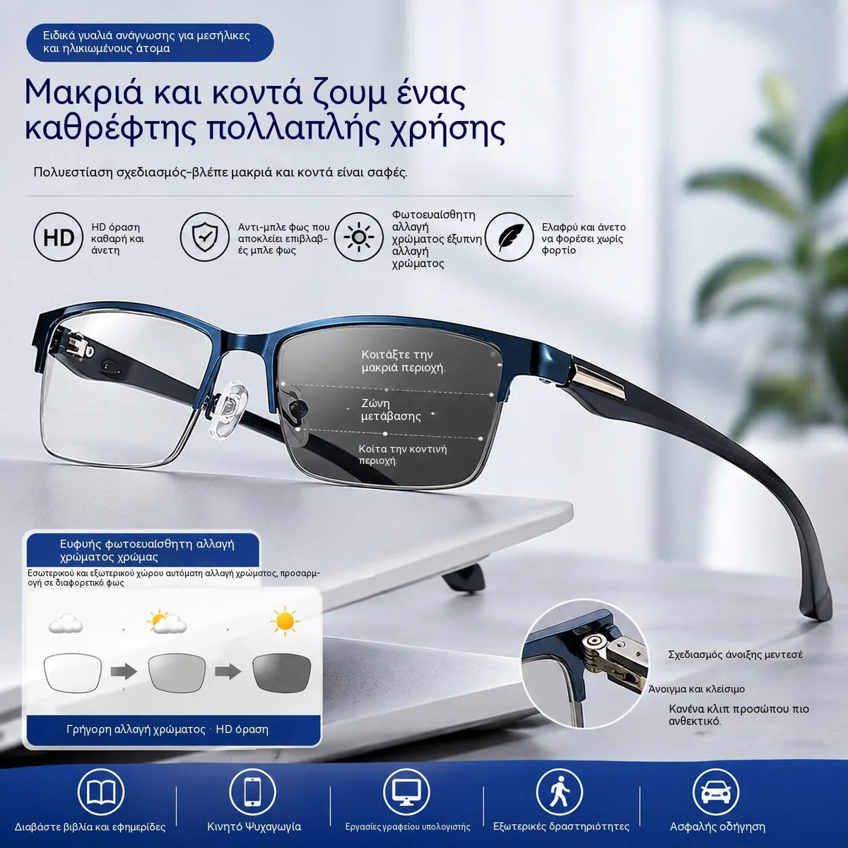 Νέα ημι-χωρίς σκελετό γυαλιά ανάγνωσης για μεσήλικες και ηλικιωμένους, με λειτουργίες ζουμ, πολυεστιακούς, φωτοευαίσθητους, φωτοχρωμικούς και αποκλεισμού μπλε φωτός