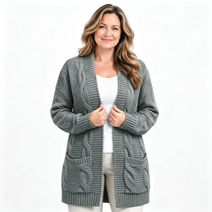 【S-3XL】Nowy damski sweter rozpinany na jesień i zimę – warkoczowy, długi, gładki, z kieszeniami