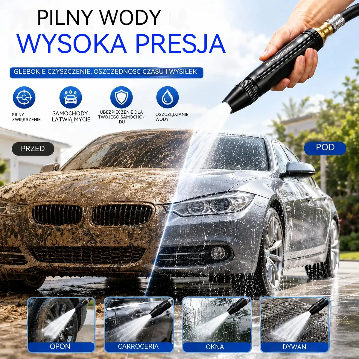🚿 【1 zestaw 2 sztuk】🔥Ostatni dzień oferty specjalnej! 🔥💧 Pistolet na wodę wysokociśnieniowy: do mycia samochodu, ogrodnictwa, 10 razy większe ciśnienie, wiele funkcji ⚡