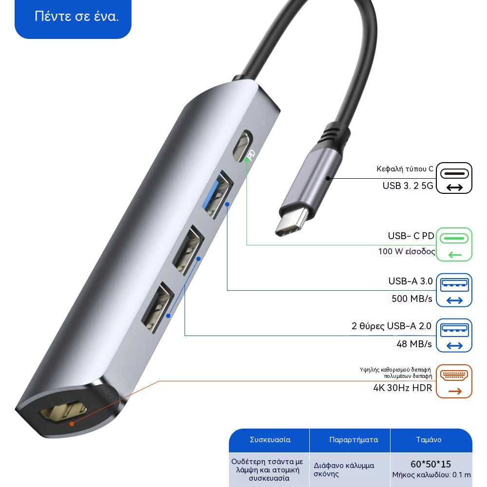 🔌✨ Φορητός διανομέας USB-C 5 σε 1 με έξοδο HDMI 4K 🎥💻