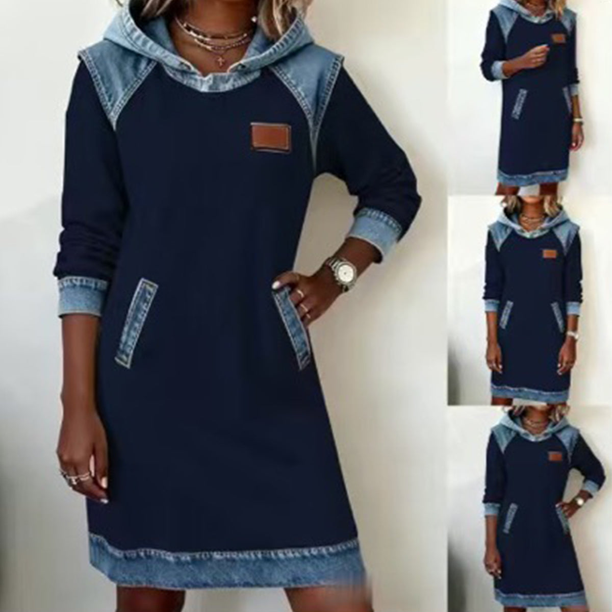 🔥【Novedades de invierno】🌷🌞Nuevo vestido vaquero patchwork de invierno con capucha