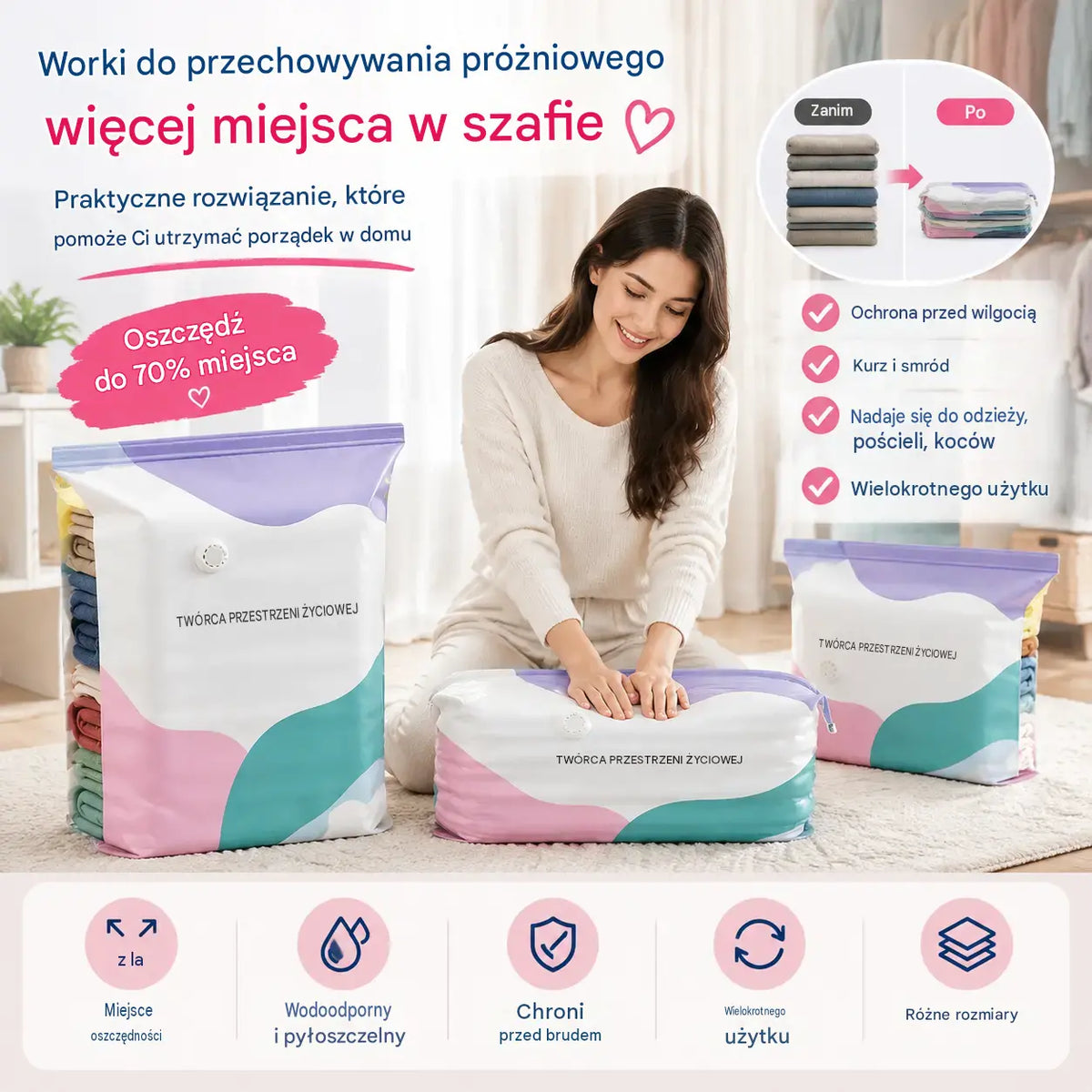 👕📦【5 sztuk za 119 zł】Worki kompresyjne do przechowywania odzieży – nie wymagają odkurzacza, wzmocniona konstrukcja.