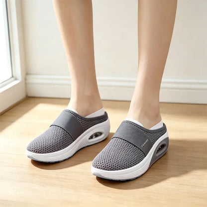 Buty damskie na płaskim obcasie - cholewka z oddychającej siateczki z amortyzacją, pogrubiona ortopedyczna podeszwa, odpowiednie do chodzenia i pieszych wędrówek.