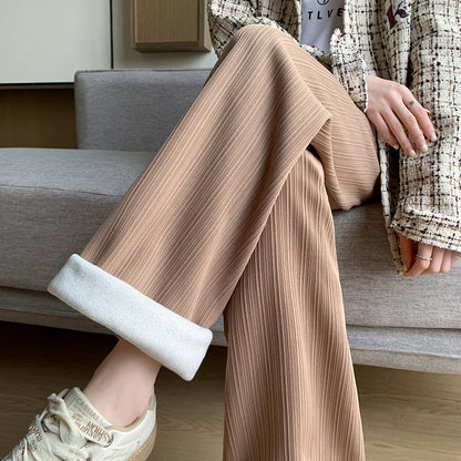 👖🔥Ženske uske hlače s prugastom flis podstavom i širokim nogavicama, novi jesensko/zimski stil, široki kroj, stagnirajuće, visoki struk, ravne hlače za slobodno vrijeme.