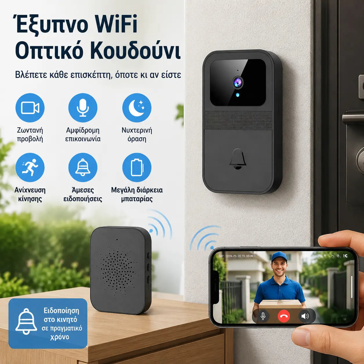 🏠📹📱Έξυπνο κουδούνι πόρτας με βίντεο, με δυνατότητα απομακρυσμένης εγγραφής βίντεο, αλλαγής φωνής, νυχτερινής όρασης υψηλής ευκρίνειας, κοινή χρήση εφαρμογών για οικογένειες, αυτόματη λήψη εικόνων και αποθήκευση στο cloud