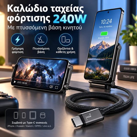1 τεμάχιο 23 ευρώ 🔋🔥⚡Καλώδιο γρήγορης φόρτισης 2 σε 1 240W 1,5 μ. με ρυθμιζόμενη βάση τηλεφώνου🔋