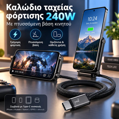 1 τεμάχιο 23 ευρώ 🔋🔥⚡Καλώδιο γρήγορης φόρτισης 2 σε 1 240W 1,5 μ. με ρυθμιζόμενη βάση τηλεφώνου🔋