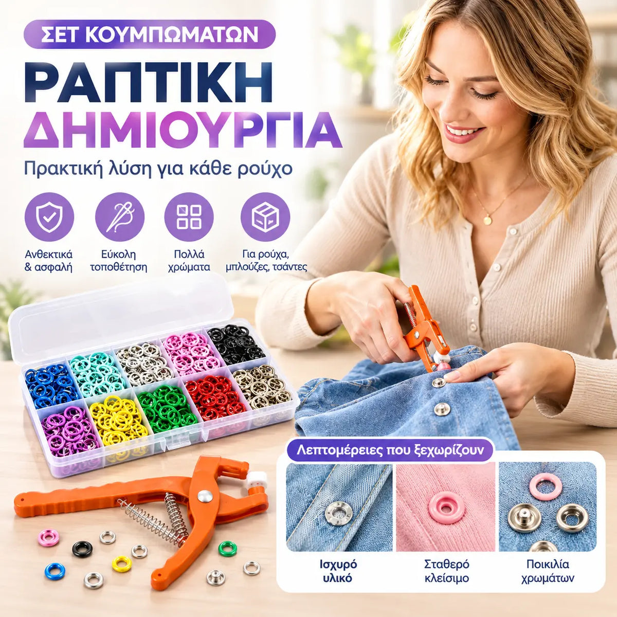 👕Πένσα εγκατάστασης + 150 κουμπιά🧵 Πένσα στερέωσης κουμπιών - Δεν απαιτείται ράψιμο + Περιλαμβάνονται 150 κουμπιά – Επισκευάστε τα ρούχα σας σε δευτερόλεπτα! ✨