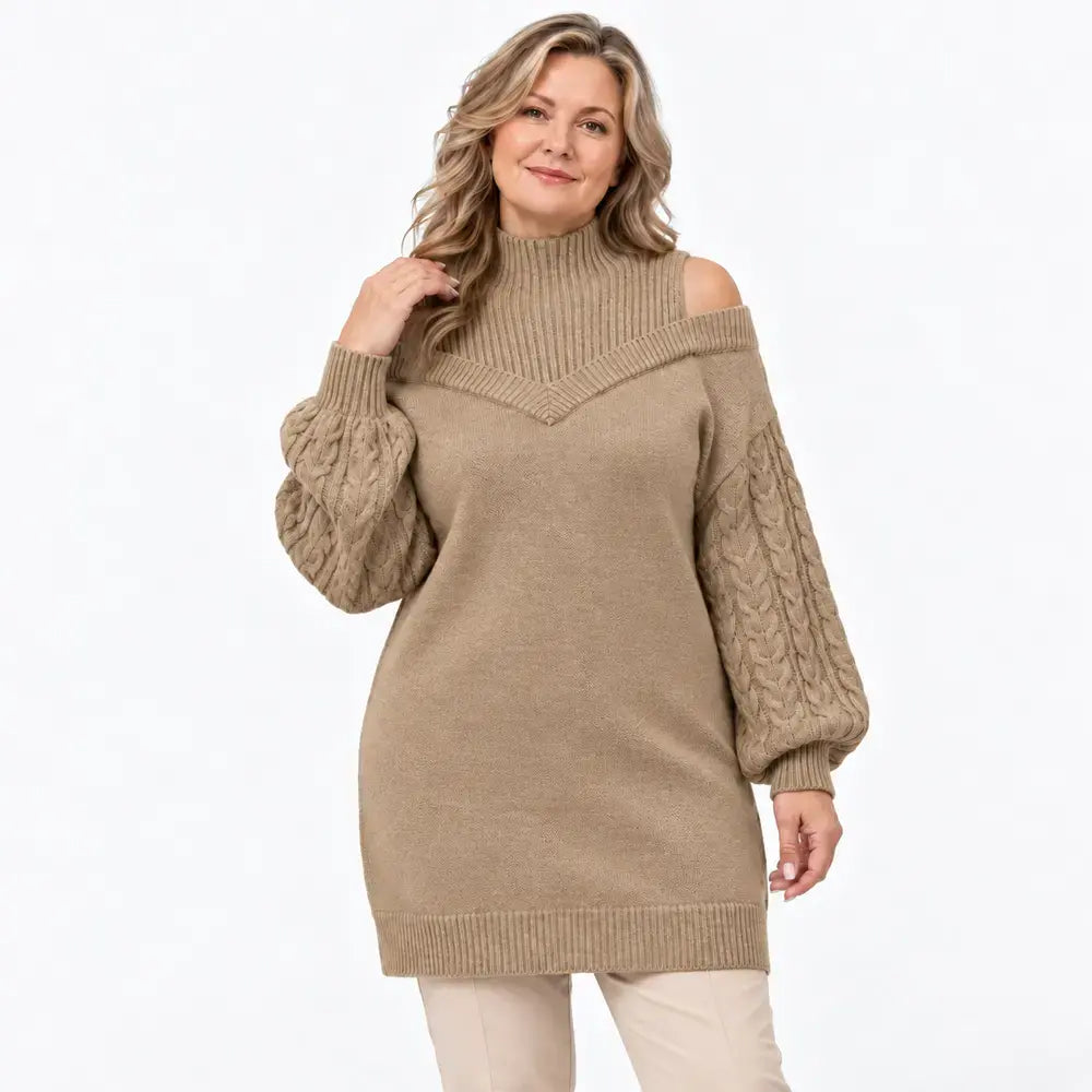 【S-3XL】Damski sweter z odkrytym ramieniem, nowość na jesień i zimę, luźny fason, półgolf, rękawy latarenkowe, dzianina