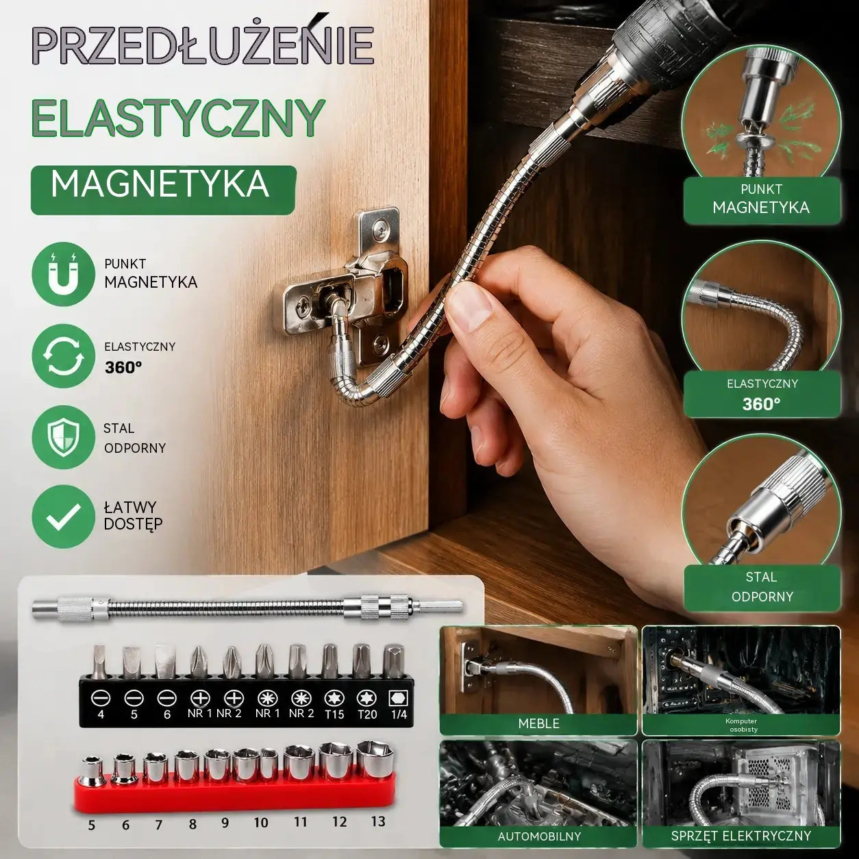 【Zestaw 20 elementów】 Obrotowy o 360°, elastyczny wałek magnetyczny o długości 300 mm | Zawiera 20 śrubokrętów o różnych rozmiarach, co ułatwia dotarcie do trudno dostępnych miejsc.