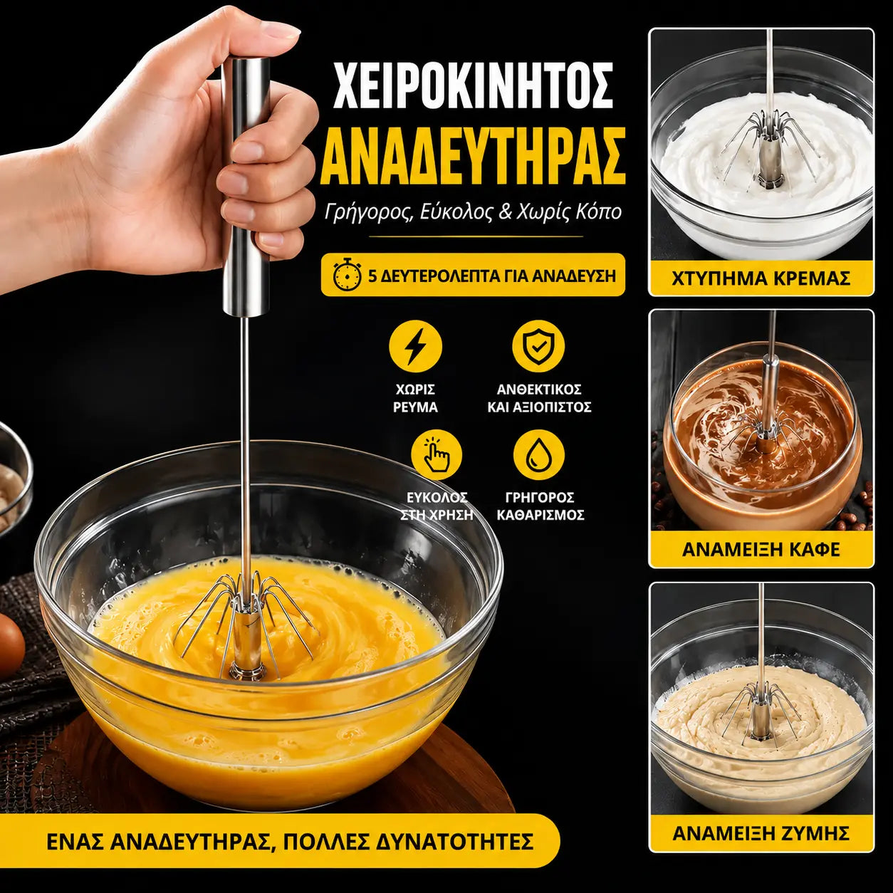 【26 ευρώ για ένα σετ 2 τεμαχίων】🥚 Ημιαυτόματο χτυπητήρι αυγών από ανοξείδωτο ατσάλι