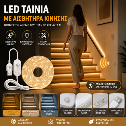 【2M】Λωρίδα φωτισμού LED με έξυπνο αισθητήρα και αυτόματο σύστημα φωτισμού, με αυτοκόλλητο USB, ιδανική για κουζίνες, υπνοδωμάτια και σκάλες.