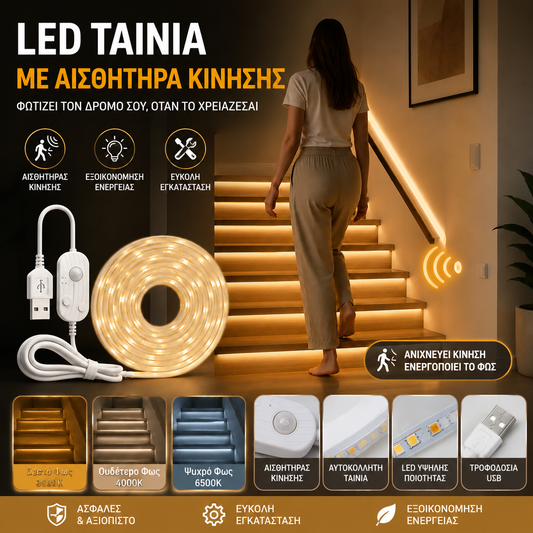 【2M】Λωρίδα φωτισμού LED με έξυπνο αισθητήρα και αυτόματο σύστημα φωτισμού, με αυτοκόλλητο USB, ιδανική για κουζίνες, υπνοδωμάτια και σκάλες.