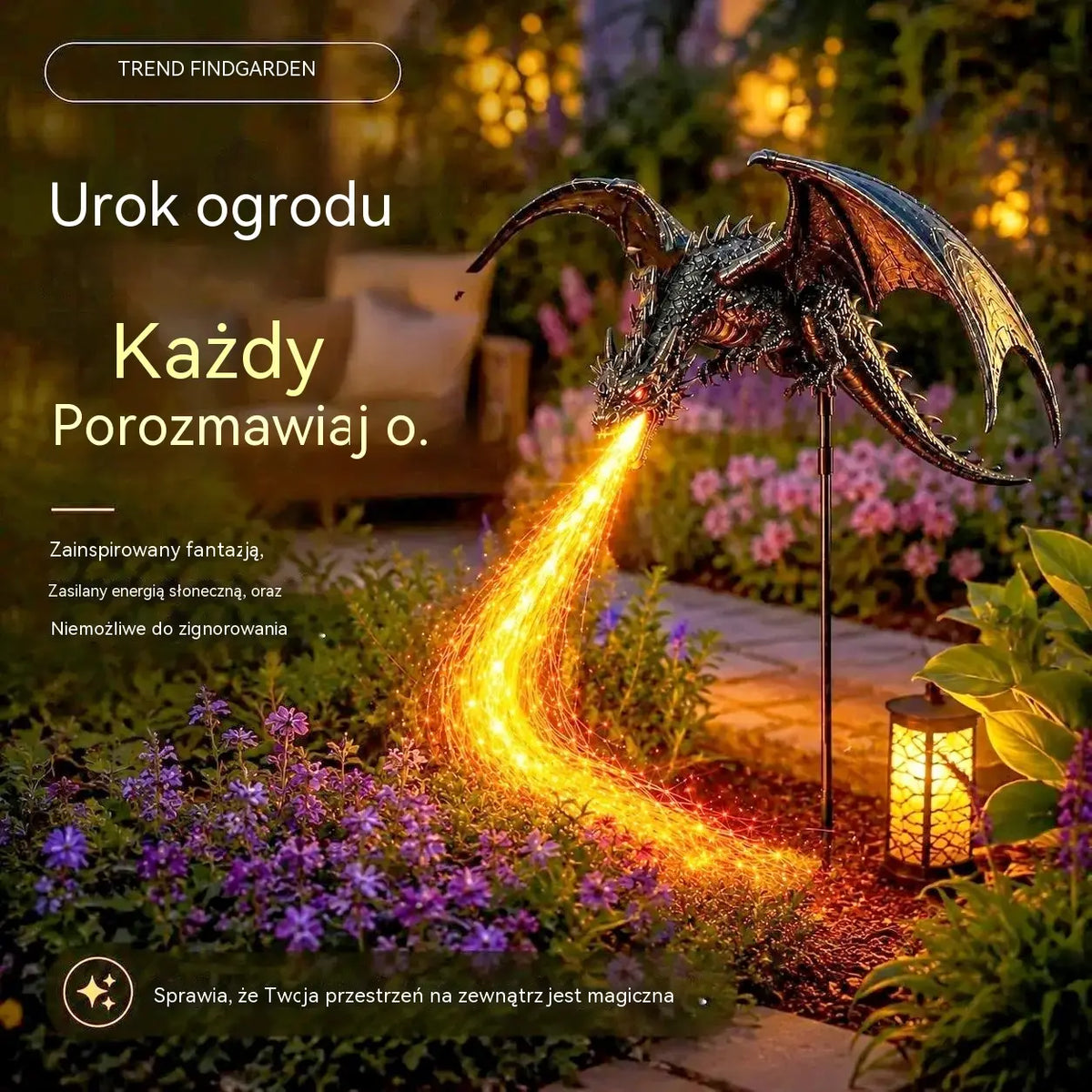 Nowość: Dekoracyjna lampa ogrodowa w kształcie ognistego smoka zasilana energią słoneczną.