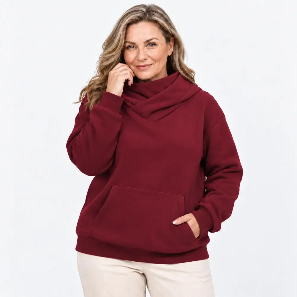 【S-3XL】Damowa bluza z kapturem – luźna, z efektem kołnierza, z długim rękawem, polarowa, z kieszeniami, outdoorowa