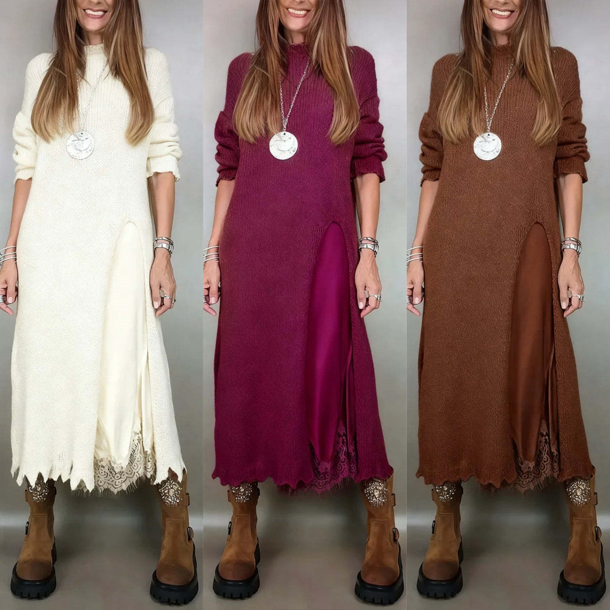 💖【Jesensko-zimski bestseler】🔥【XS-3XL】👗 Damski jesensko-zimski pleteni dugi haljinski komplet s bočnim prorezom, elegantna, topla i udobna haljina
