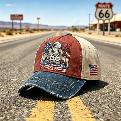 Regulowana czapka baseballowa w stylu retro Route 66, idealny wybór dla miłośników kolarstwa.