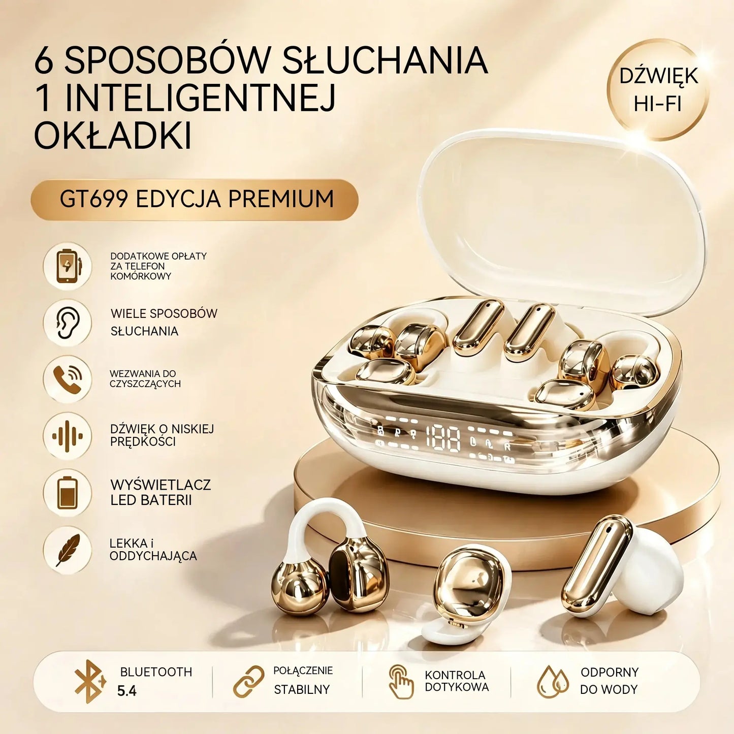 Słuchawki douszne bezprzewodowe GT699S 6 w 1 z wieloma stylami i etui awaryjnym ✨