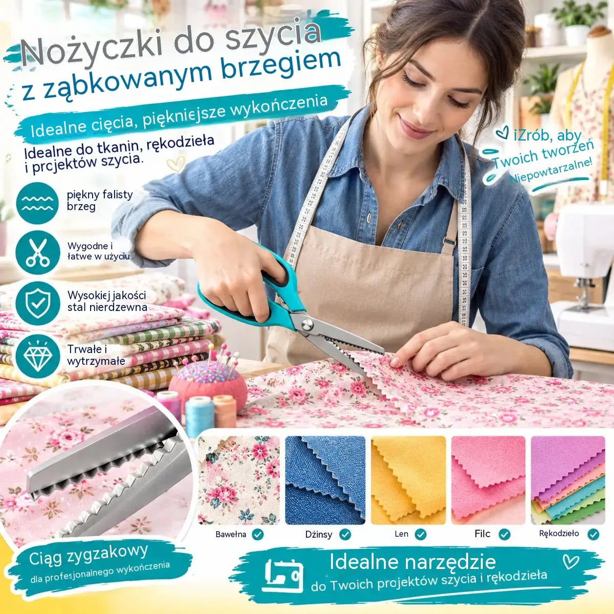 1 sztuka 89zł  ✂️ Profesjonalne nożyczki ząbkowane - Ostre, ząbkowane nożyczki do tkanin