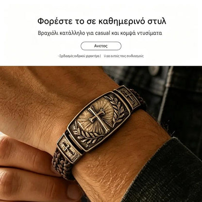 Ανδρικό πλεκτό δερμάτινο βραχιόλι με σταυρό και στεφάνι ελιάς, Vintage αντίκα μέταλλο, ιδιαίτερο δώρο