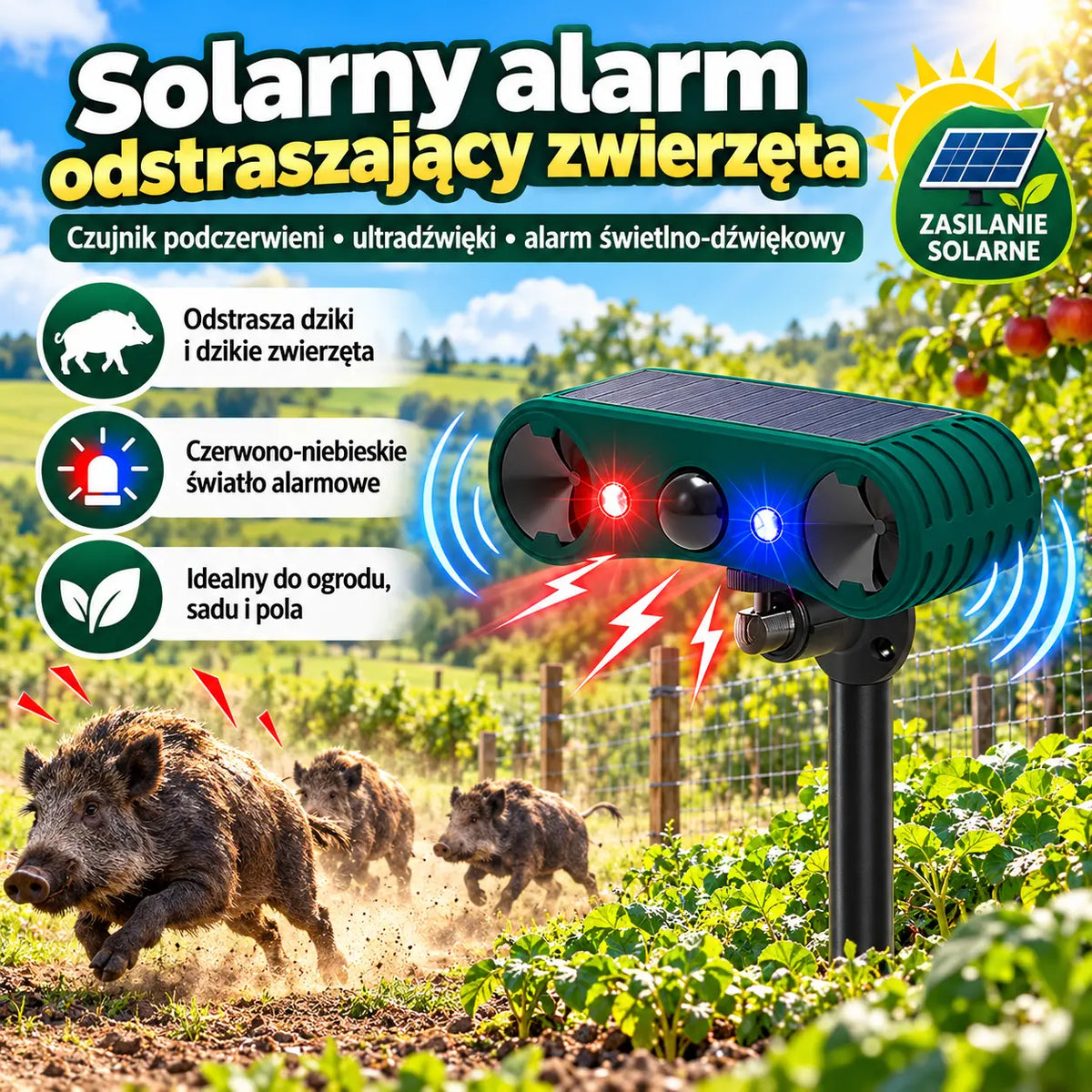 🔥【1 sztuka 139zł 】🚨Zasilany energią słoneczną zewnętrzny alarm z czujnikiem ruchu do odstraszania zwierząt