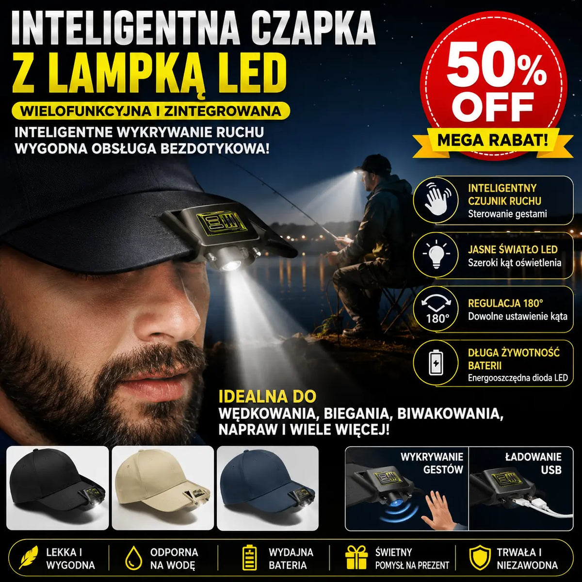 🧢🌙🔦 Zintegrowana inteligentna lampa LED, oświetlenie nocne do wędkowania na zewnątrz, łatwe ładowanie i długa żywotność baterii