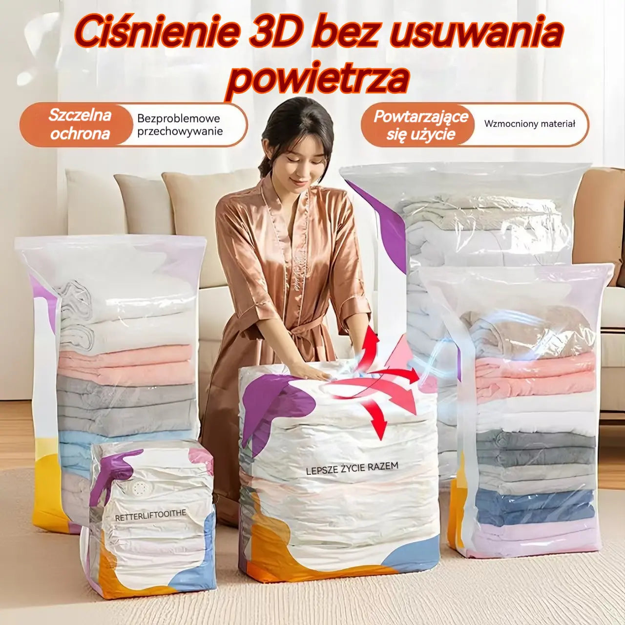 🧳【Zestaw 5 elementów】💨 Duży, kompresowalny worek próżniowy: nie wymaga pompki, szczelny i idealny do oszczędzania miejsca w walizkach i w domu ✈️