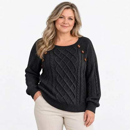 【S-2XL】Damowy sweter casualowy na jesień i zimę – kwadratowy dekolt, guziki, wzór warkocza
