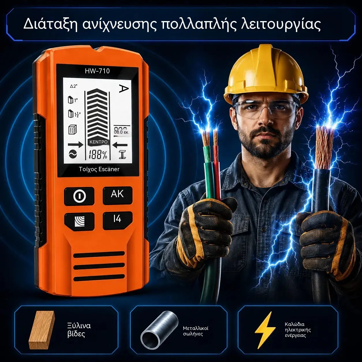 🔍Πολυλειτουργικός ανιχνευτής μετάλλου, ξύλου και καλωδίων· εντοπίζει με ασφάλεια και ακρίβεια κρυμμένους σωλήνες και καλώδια.