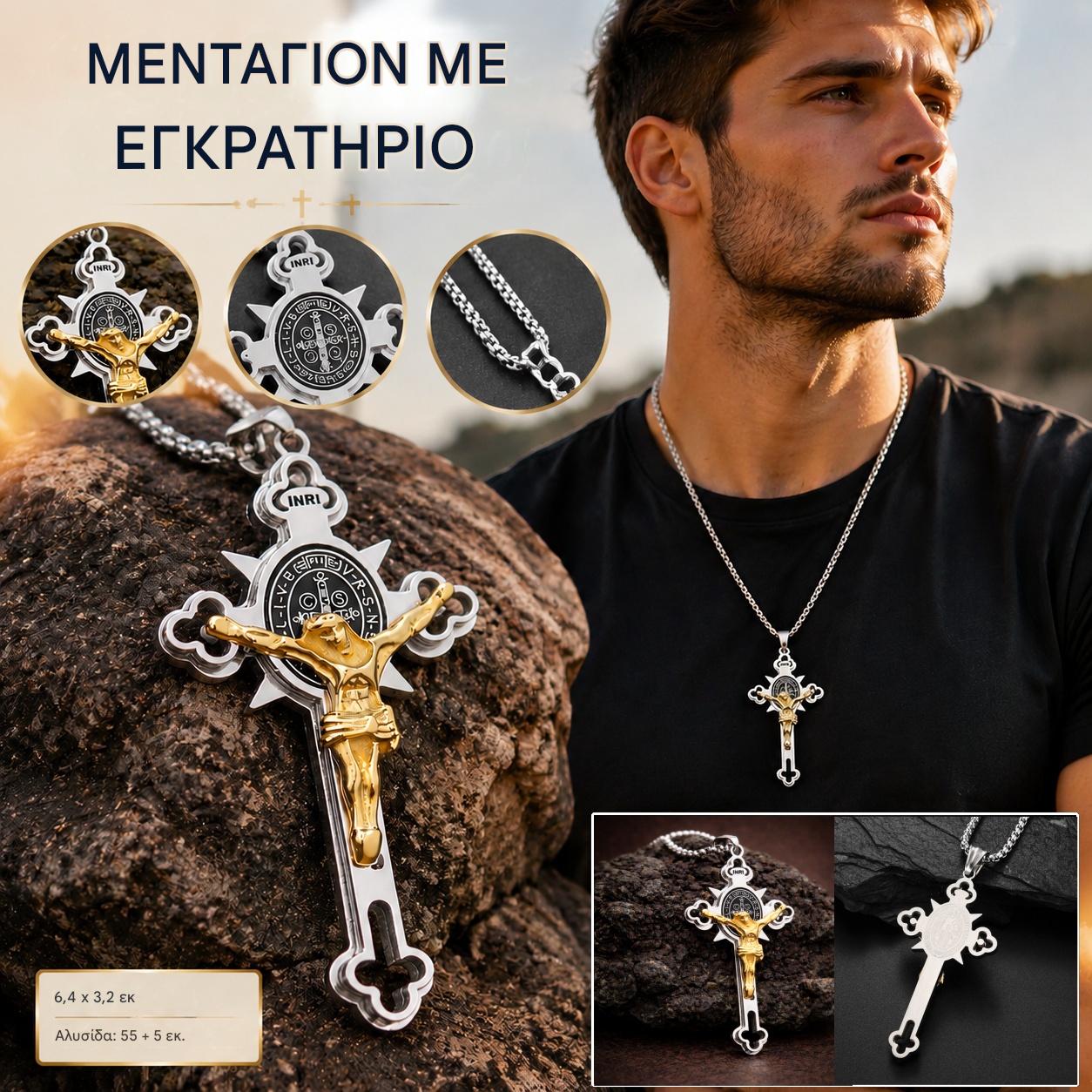 Σταυρός σε στυλ vintage – Ανθεκτικό στο θαμπώμα μενταγιόν Αγίου Βενέδικτου με ρυθμιζόμενη αλυσίδα