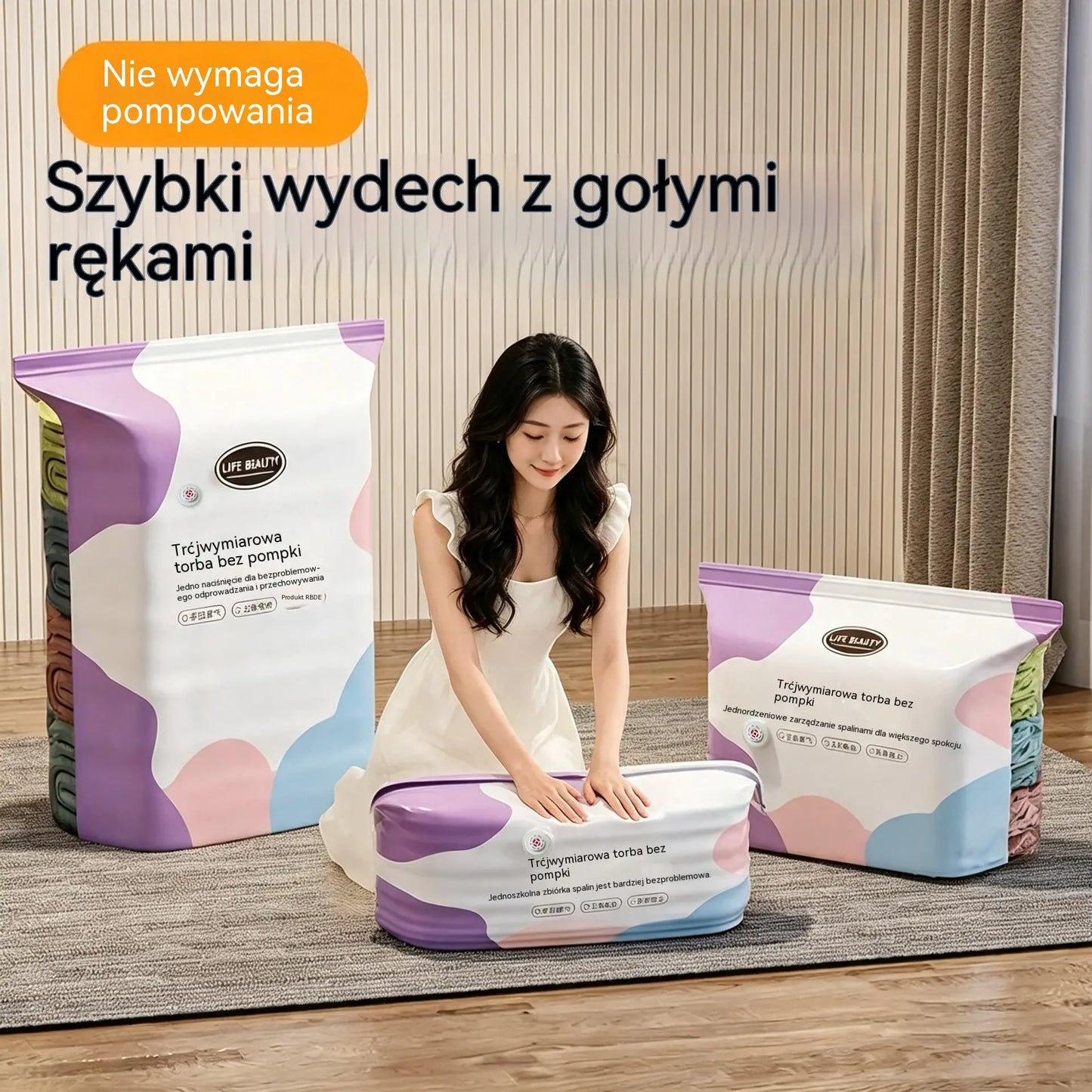 🧳 5 sztuk za jedyne 109 zł 💨 Duże, elastyczne worki próżniowe do przechowywania: Nie wymagają pompki, są szczelne, idealne do oszczędzania miejsca w walizce i w domu ✈️