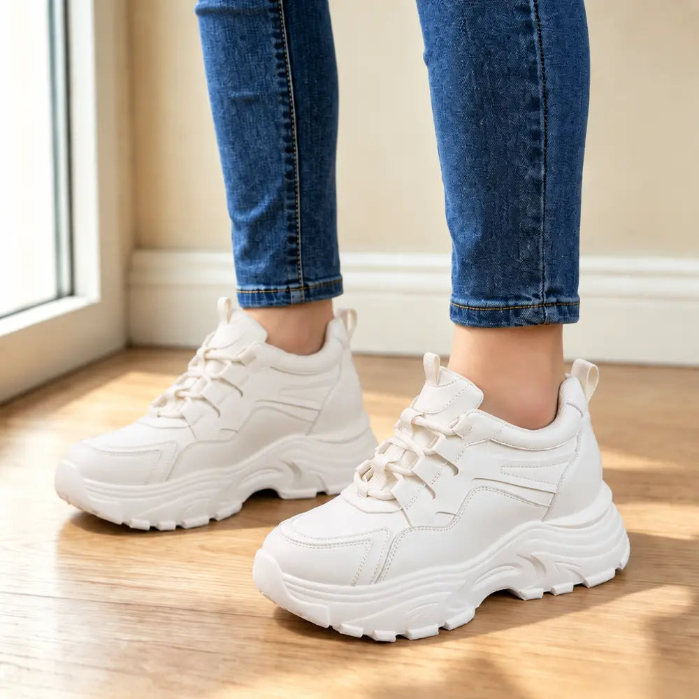 【35-40】Damskie buty na ukrytym podwyższeniu – białe sneakersy, na grubej podeszwie, casualowe, sportowe, idealne do chodzenia i podróży