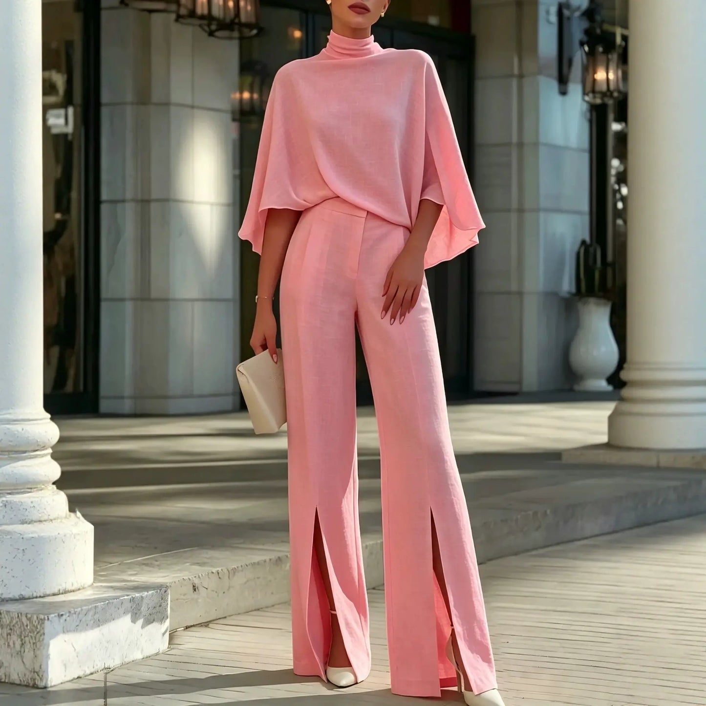 🌸✨【S-3XL】Το γυναικείο κοστούμι περιλαμβάνει ένα κομψό τοπ με ζιβάγκο σε στιλ κάπας και φαρδύ παντελόνι.
