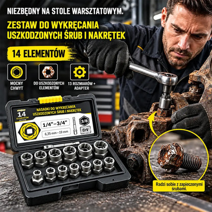 Zestaw 14 nasadek do nakrętek i śrub | Nasadki z antypoślizgowymi rowkami do zardzewiałych, uszkodzonych lub wyrobionych śrub