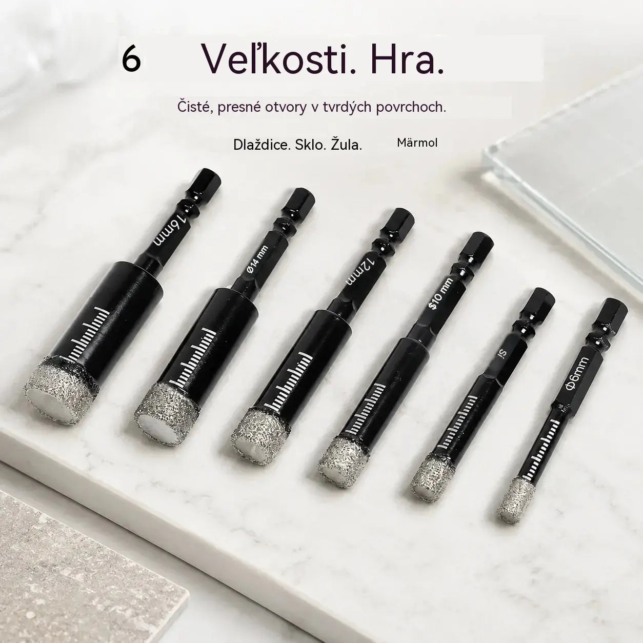 【Čierna leštená biela hlava 6/8/10/12/14/16 mm】1 sada 21 eur🔩Sada 6 diamantových vrtákov na presné vŕtanie do dlaždíc, keramiky a skla.