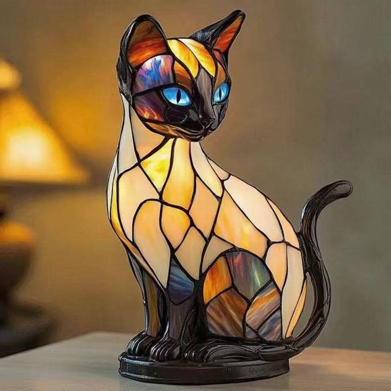 🐱Настолна лампа във формата на котка, ретро нощна лампа, изработена от цветна смола, с котешка тема.